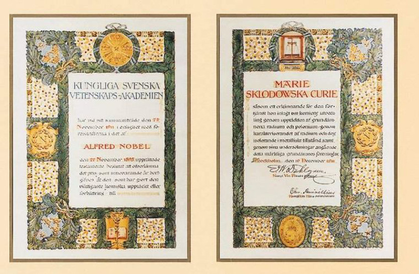 Nobel Prize diploma in chemistry, 1911 [Source:www.fr.wikipedia.org]
